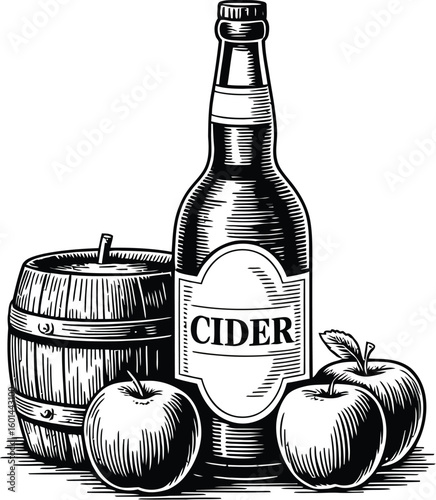 A vintage style illustration showcases a cider bottle, a small wooden barrel, and several fresh apples, all rendered in a detailed, engraved aesthetic perfect for branding or product design.