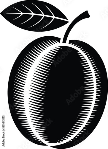 A striking black and white illustration showcases a plum with a leaf, rendered in a woodcut style, perfect for designs needing a touch of vintage or minimalist fruit art.