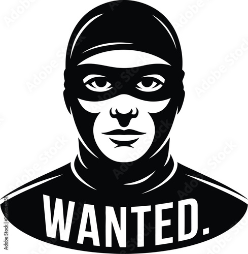 A striking black and white graphic depicts a masked individual with the word "WANTED" prominently displayed, ideal for crime, justice, or mystery themes and designs.