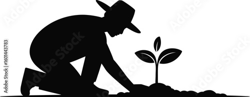 Silhouette illustration features a farmer planting a seedling, symbolizing agriculture, growth, and environmental stewardship, ideal for themes related to nature and sustainable living.