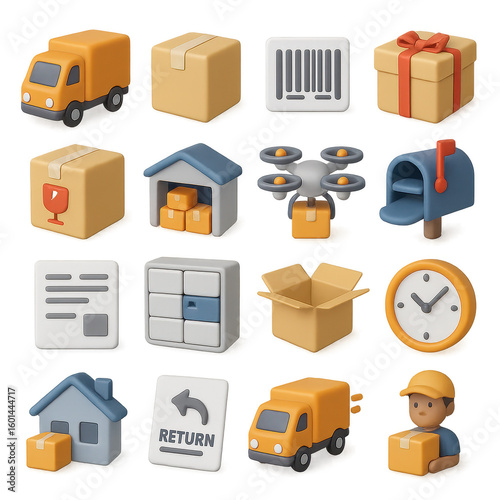 Delivery 3d icon set: truck, package, barcode, drone, mailbox, warehouse, clock, delivery person