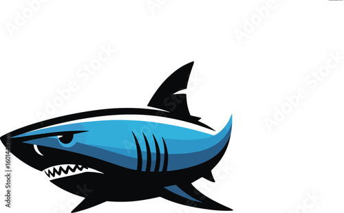A stylized shark illustration showcases a fierce marine predator with sharp teeth and a determined expression, rendered in shades of blue and black, perfect for branding or design projects.