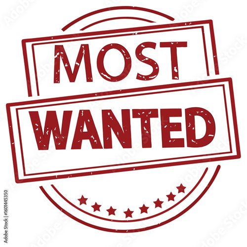 Red Most Wanted text features within grungy square and circular design on white background