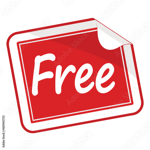 Red square sticker with white border displays the word Free in a white background