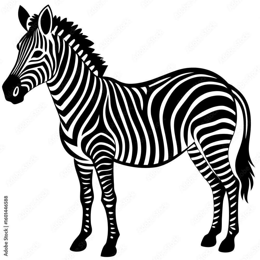 Fototapeta premium Vector art of a striking zebra standing tall with its iconic black and white stripes isolated on white background