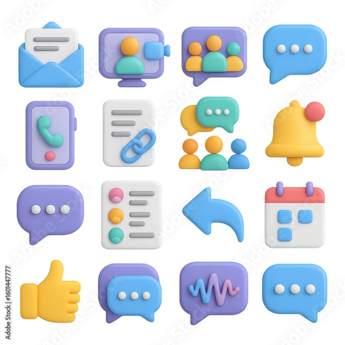 Communication 3d icon set. includes email, chat, phone, video call, notification, link, calendar, feedback