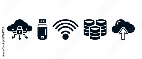 Vector icons featuring database stacks, Wi-Fi signals, and cloud storage. These represent data centers, wireless systems, and modern IT infrastructure.