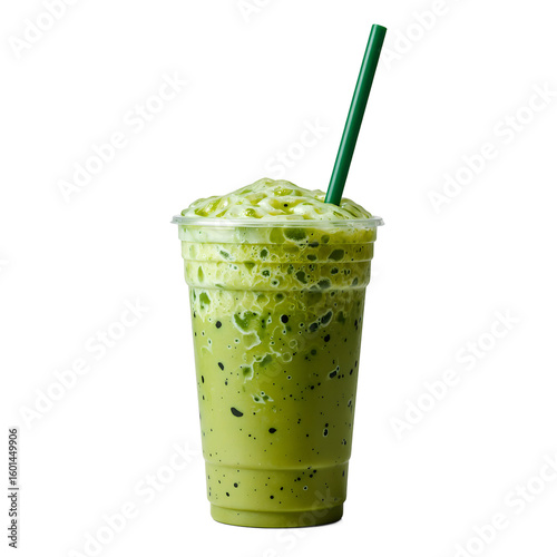 Chilled matcha frapp in a to go cup garnished with green straw set against a crisp white backdrop for a fresh and energizing image