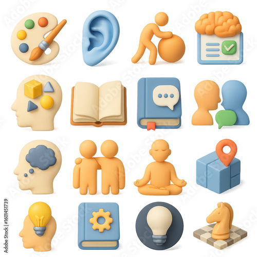 Education 3d icon set. featuring art, ear, brainstorm, book, chat, meditation, location, thinking, gear, lightbulb, chess