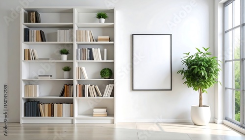 Modern white bookcase in a bright room
