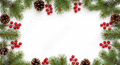 Flat Lay of Christmas Pine Branches, Red Berries, and Pinecones on White Background – Festive Holiday Decoration for Seasonal Greeting Cards, Invitations, or Winter Promotions
