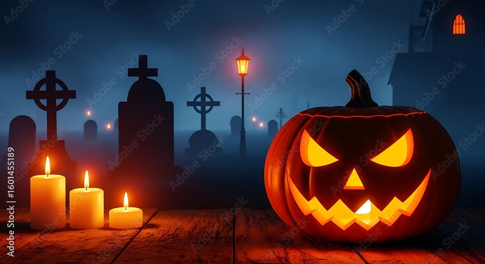 Fototapeta premium Spooky halloween jack o lantern and graveyard scene with candles