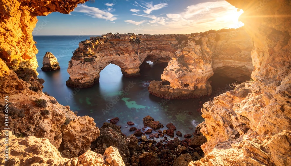 Obraz premium Exploring Coastal Rock Formations with Arches at Sunset