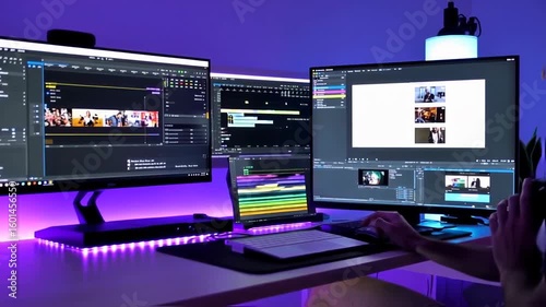 Professional Video Editing Setup Featuring Multiple Displays and Sophisticated Software