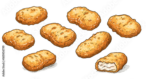 Vintage ink sketch of golden chicken nuggets levitating, hand-drawn black and white illustration, vector engraving or woodcut


