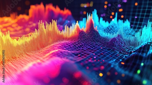 Colorful wave-like 3D surface graph with glowing peaks and digital grid simulating terrain data or analytics. Generative by AI
