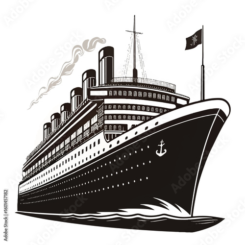 Vintage cruise ship sailing on ocean, historic ocean liner traveling, sea travel and vacation vector graphic