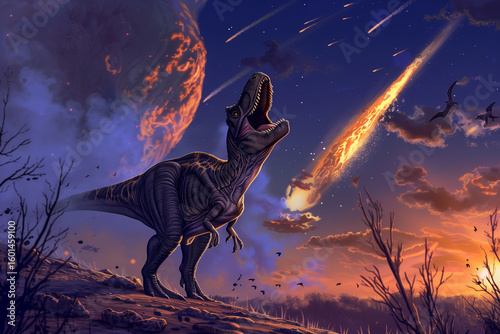 Meteorite and Tyrannosaurus Rex at Lakeside During Fiery Sunset Moments Before Catastrophic Impact That Ended Prehistoric Life on Earth