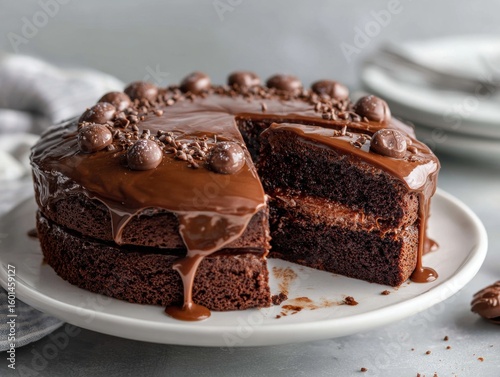 Deliciously decadent chocolate cake with dripping ganache and malted milk ball decorations served on white plate on transparent background.