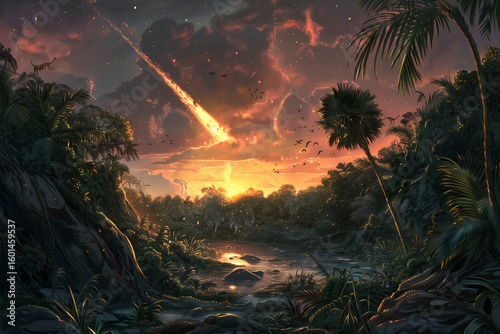 Falling Meteorite Descending Over Serene River in Lush Prehistoric Forest Before Imminent Dinosaur Extinction Event