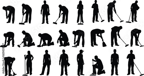 Cad drawing flat vector illustration, cleaning people in silhouette poses with tools, housekeeping activity graphic set for hygiene design