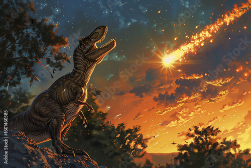 Meteorite and Tyrannosaurus Rex Under Starlit Sky as Glowing Comet Approaches Earth in Final Moments of Prehistoric World