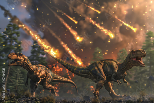 Meteorites Falling on Dinosaurs While Firestorm Erupts in the Sky Marking the Violent End of Prehistoric Life