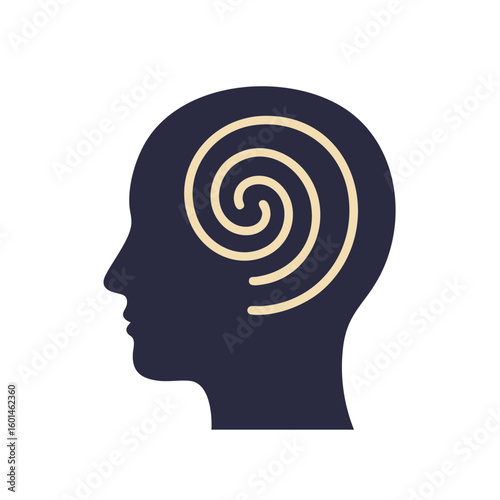 Vector illustration of head with spiral mind on white background, mental confusion
