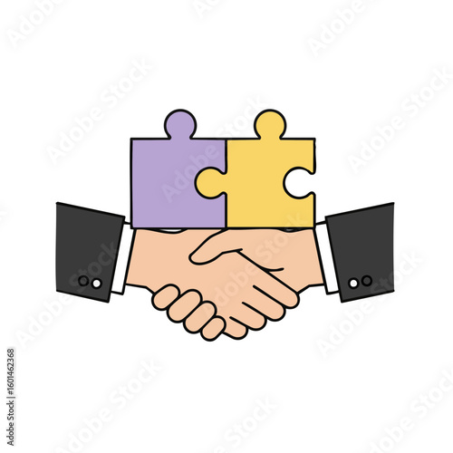 Vector illustration of handshake with puzzle concept on white background, teamwork solution