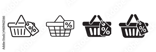 Shopping basket with discount tag outline and silhouette vector illustration on white background