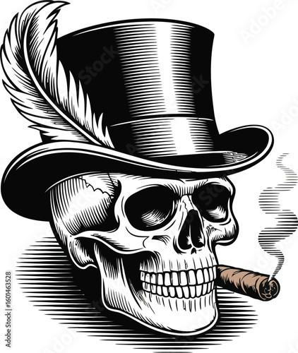 Illustration of a skull with top hat feather and cigar in black and white