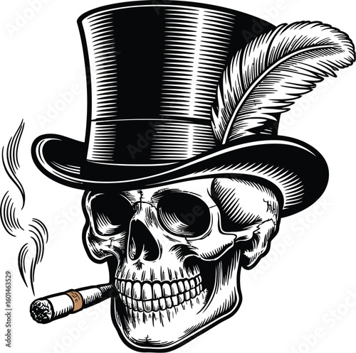 Illustration of skull with top hat feather and cigar on a white background