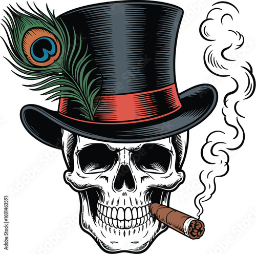 A skull wearing a top hat with a feather and smoking a cigar illustration