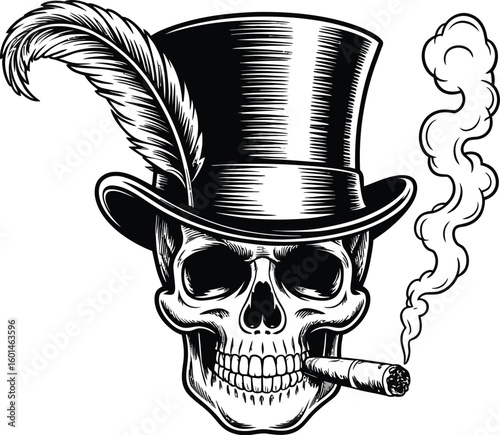 A skull with a top hat and feather smoking a cigar with smoke behind it
