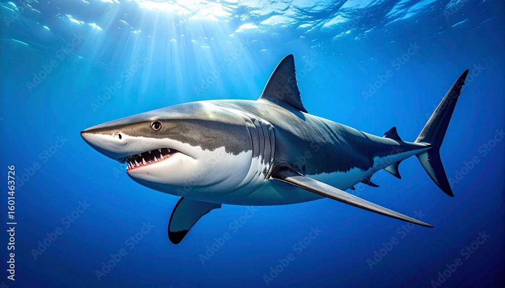 Fototapeta premium A powerful shark glides through the deep blue ocean, its sleek form cutting through shadowy waters with silent grace, evoking awe and fear in the vast, mysterious underwater world