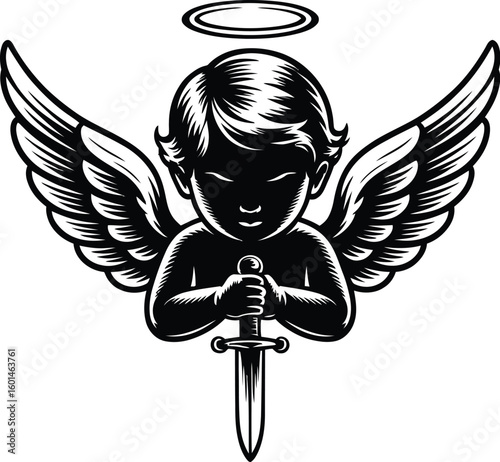 Illustration of a cherub with wings holding a sword and wearing a halo