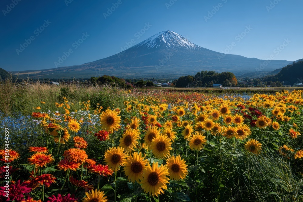 Fototapeta premium Sunflowers and other colorful flowers bloom in front of the majestic Mount Fuji, creating an enchanting natural landscape Generative AI