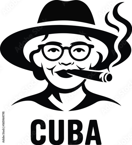 Illustration of a woman wearing a hat and glasses smoking a cigar cuba text