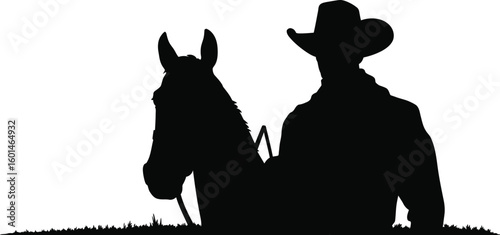 Silhouette of cowboy with hat and horse on white background in the field