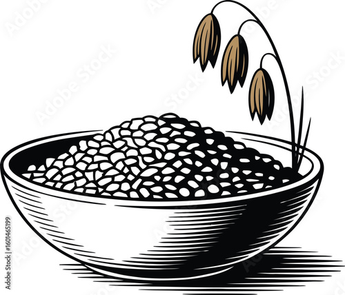 Illustration of a bowl filled with grains next to a sprig of oat flowers