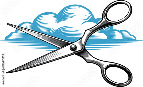 Illustration of open scissors with blue cloud background on white paper