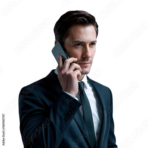Confident businessman in sharp suit confidently talking on smartphone, professional communication, business success