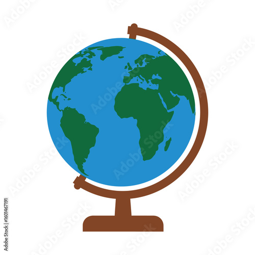 Simple flat illustration of a terrestrial world globe on a brown stand.