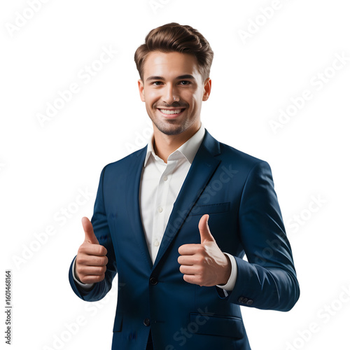 Confident smiling businessman in blue suit gives two thumbs up, radiating success and approval.