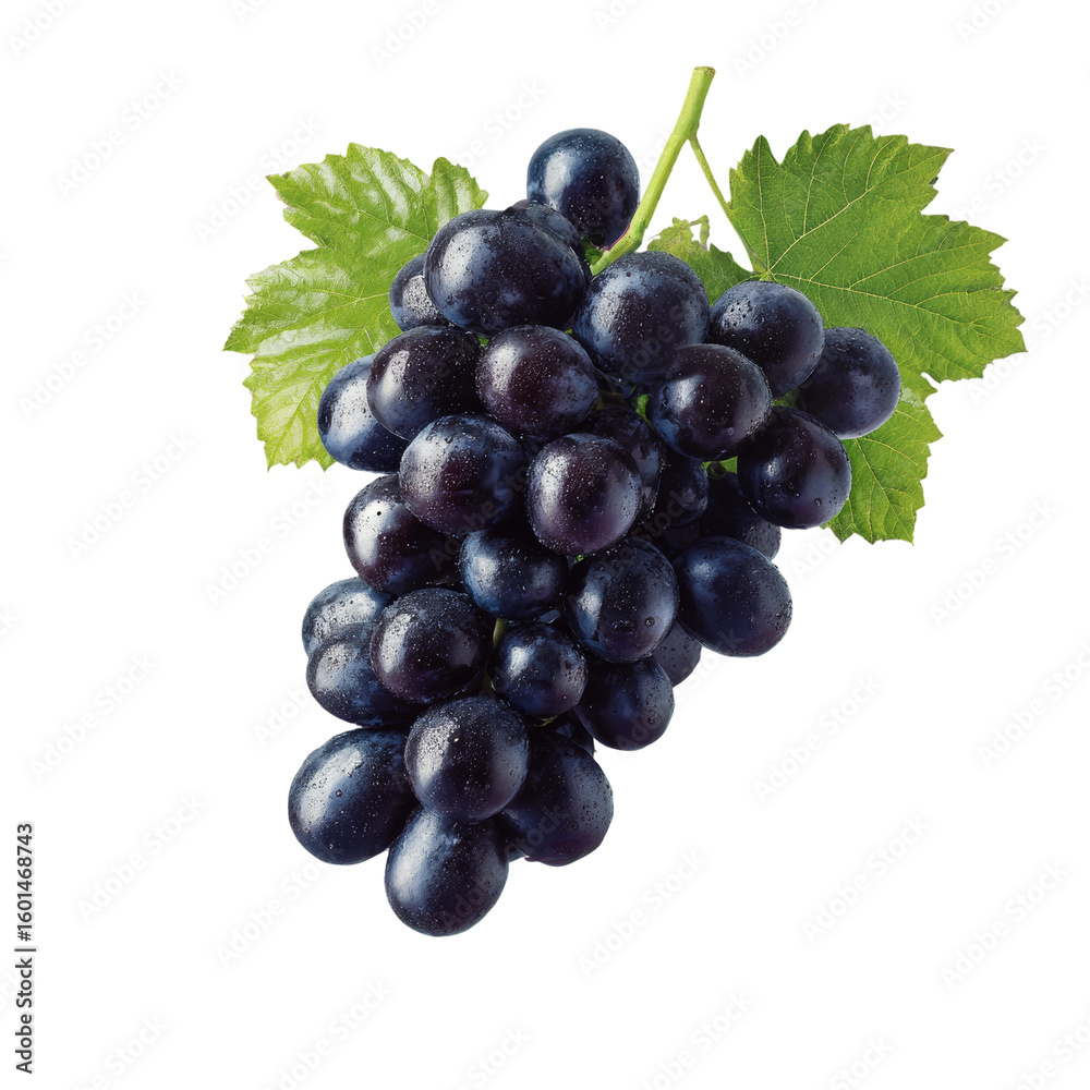 Fototapeta premium A close-up shot of a bunch of ripe, juicy grapes, captured against a simple backdrop with a few leaves attached. The grapes are a deep, rich color