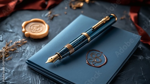 A close-up shot showcases an elegant pen and a blue notebook, decorated with wax seals, conveying a sense of classic luxury and sophistication. The pen exudes refinement with its intricate design.