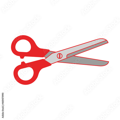 Red-handled scissors with silver blades open and ready for use.