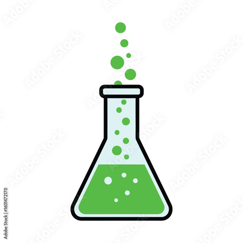 Scientific Erlenmeyer flask with green bubbling liquid.