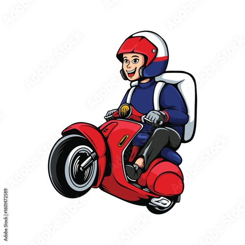 courier riding a motorbike cartoon illustration