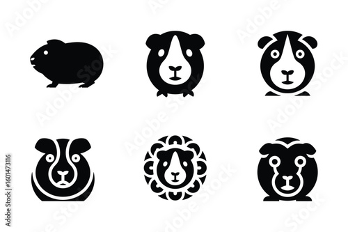 Black guinea pig icons with various facial expressions and styles rodent animal